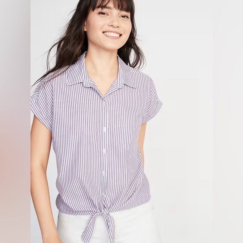 Relaxed Tie Front Button Down Top Short Sleeve